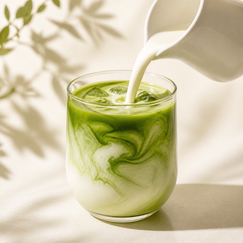 牛乳で割った抹茶ラテ風の野菜de健康プロテイン